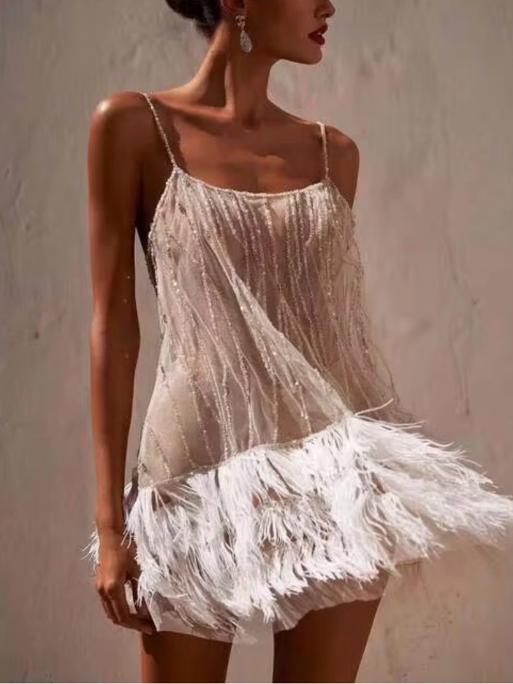 Sheer Feather-Trim Dress - White